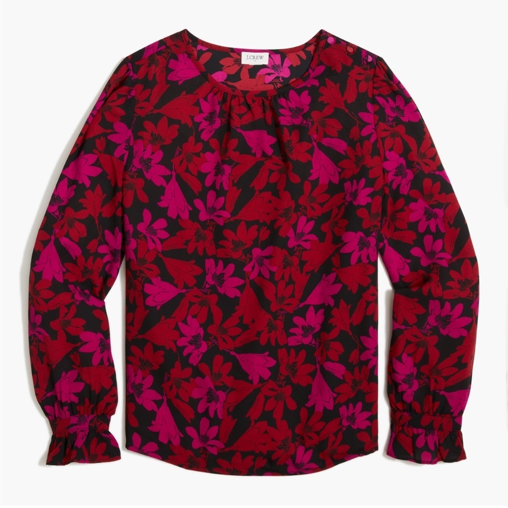 J.Crew Factory Bold Printed floral blouse Ruffle Cuffs High Neckline Pink Red